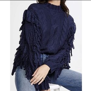 525 America Black Boho Fringe Tassel Cable Knit Boxy Sweater sz Large NWT